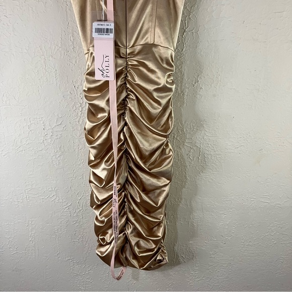 Oh Polly Embellish The Moment Ruched Satin Metallic Knee Length Dress in Gold - Picture 12 of 15